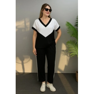 MDB Kadın Kısa Kollu V Yaka Siyah Beyaz Renkli Viskon Iki Iplik Kumaş Eşofman Takımı