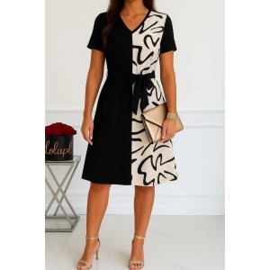 MDB Kadın Kısa Kollu V Yakalı çift Renkli Desenli Beli Kuşaklı Atlas Elbise