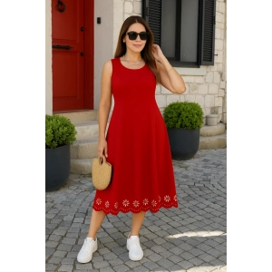 MDB Kadın Kolsuz Etek Ucu Lazer Kesim çiçek Desenli Midi Boy Ithal Krep Elbise