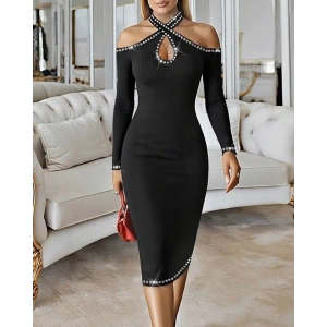 MDB Kadın Omuzlardan Açık Boyundan Geçmeli Damla Detaylı Taşlı Midi Dalgıç Elbise