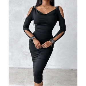 MDB Kadın Omuzlardan Açık Uzun Kollu Taşlı Degaje Yakalı Sandy Midi Elbise