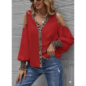 MDB Kadın Omuzlardan Açık Yakalı önden Düğmeli Leopar Detaylı Sandy Bluz