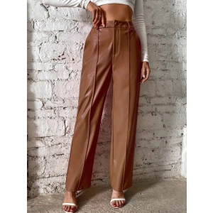 MDB Kadın önden Fermuarlı Cepli Geniş Kesim Lame Deri Pantolon