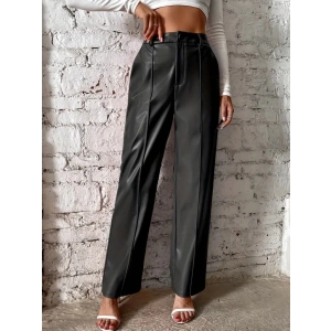 MDB Kadın önden Fermuarlı Cepli Geniş Kesim Lame Deri Pantolon