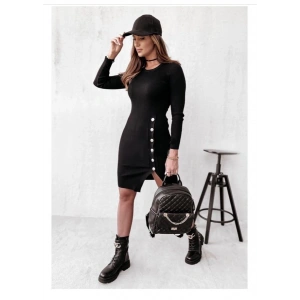 MDB Kadın Siyah Uzun Kollu Bisiklet Yaka Yan Yırtmaç Düğme Detay Kısa Kaşkorse Elbise