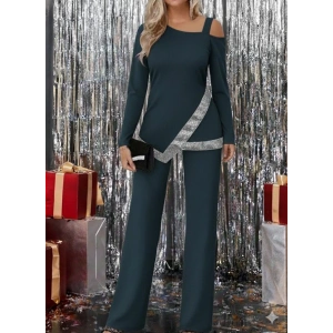 MDB Kadın Tek Omuzdan Açık Uzun Kollu önü Pulpayet Ithal Krep Bluz Ve Pantolon