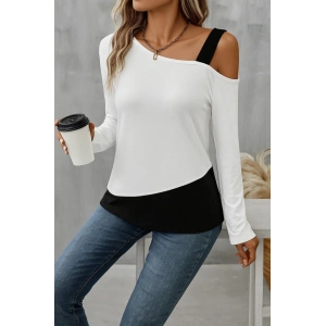 MDB Kadın Tek Omuzu Açık Askılı çift Renkli Uzun Kollu Viskon Bluz