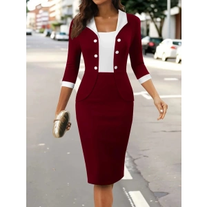 MDB Kadın Truvakar Kol çift Renkli Düğmeli Kısa Ithal Krep Elbise