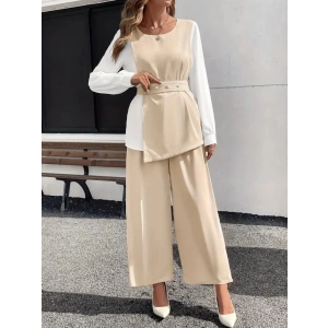 MDB Kadın Uzun Kollu Açık Yakalı çift Renkli Kemerli Ithal Krep Ikili Takım