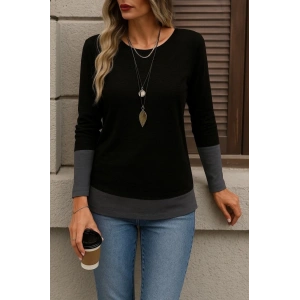 MDB Kadın Uzun Kollu Açık Yuvarlak Yaka Blok Renkli Viskon Bluz