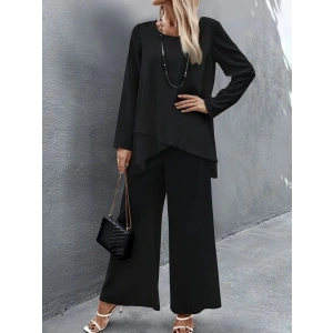 MDB Kadın Uzun Kollu Asimetrik Detaylı Salaş Sandy Bluz Ve Pantolon Ikili Takım