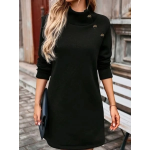 MDB Kadın Uzun Kollu Balıkçı Yaka Düğme Detaylı Kısa şardonlu Dalgıç Elbise