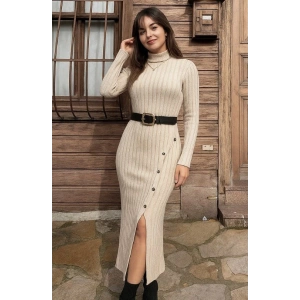 MDB Kadın Uzun Kollu Balıkçı Yaka Yırtmaçlı Düğmeli şardonlu Kaşkorse Elbise