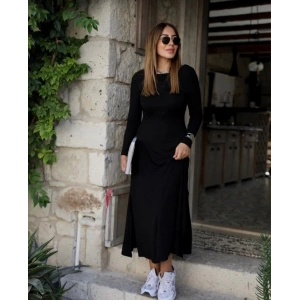 MDB Kadın Uzun Kollu Bisiklet Yaka Arkası çapraz Detaylı Viskon Iki Iplik Maxi Elbise