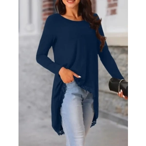 MDB Kadın Uzun Kollu Bisiklet Yaka Asimetrik Kesim Detaylı Dantelli Viskon Bluz