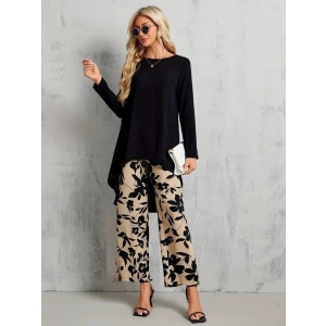 MDB Kadın Uzun Kollu Bisiklet Yaka Asimetrik Kesim Detaylı Viskon Bluz Ve çiçek Desenli Iki Iplik Pantolon