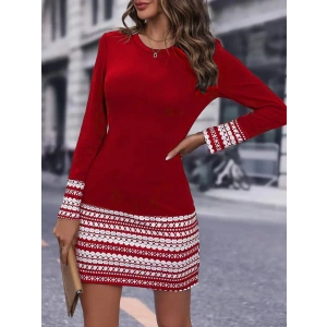 MDB Kadın Uzun Kollu Bisiklet Yaka Kol Ağzı Ve Etek Ucu Baskılı Iki Iplik Elbise