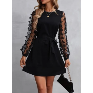 MDB Kadın Uzun Kollu Bisiklet Yaka Kollar Tül Kelebek Detaylı Ithal Krep Elbise