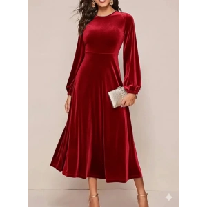 MDB Kadın Uzun Kollu Bisiklet Yaka Midi Kadife Elbise