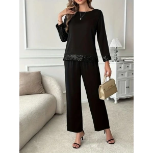 MDB Kadın Uzun Kollu Bisiklet Yaka Pulpayetli Viskon Iki Iplik Bluz Ve Pantolon Ikili Takım