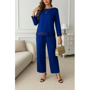 MDB Kadın Uzun Kollu Bisiklet Yaka Pulpayetli Viskon Iki Iplik Bluz Ve Pantolon Ikili Takım