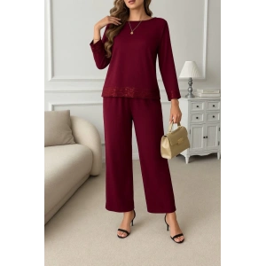 MDB Kadın Uzun Kollu Bisiklet Yaka Pulpayetli Viskon Iki Iplik Bluz Ve Pantolon Ikili Takım