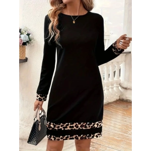 MDB Kadın Uzun Kollu Bisiklet Yaka şerit Leopar Desenli Kısa Dalgıç Elbise