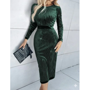 MDB Kadın Uzun Kollu Bisiklet Yaka Taşlı Midi Kadife Elbise