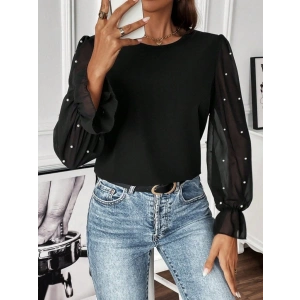 MDB Kadın Uzun Kollu Bisiklet Yaka Tül Detaylı Incili Ithal Krep Bluz