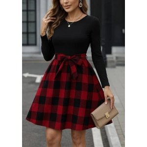 MDB Kadın Uzun Kollu Bisiklet Yaka üst Viskon Alt Ekose Kısa Elbise