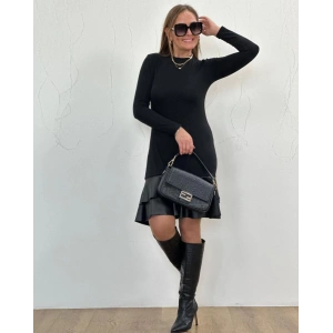 MDB Kadın Uzun Kollu Bisiklet Yaka üst Viskon Etek Ucu Deri Kısa Elbise