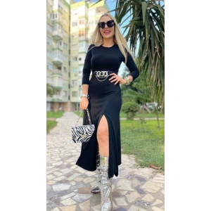 MDB Kadın Uzun Kollu Bisiklet Yaka Yırtmaçlı Kemerli Uzun çilek Elbise