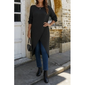 MDB Kadın Uzun Kollu Bisiklet Yakalı önden çapraz Kesim Detaylı Midi Triko Elbise