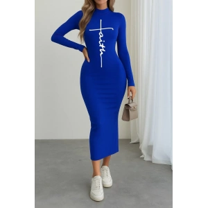 MDB Kadın Uzun Kollu Boğazlı Baskı Detaylı Viskon Tam Boy Elbise