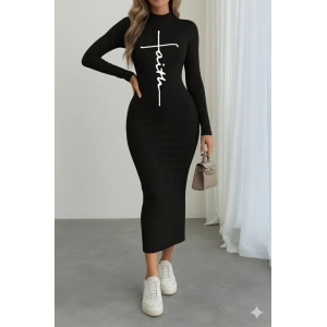 MDB Kadın Uzun Kollu Boğazlı Baskı Detaylı Viskon Tam Boy Elbise