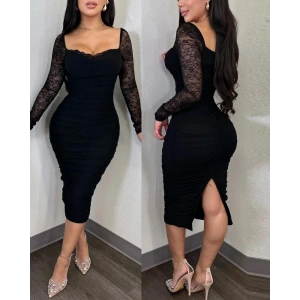 MDB Kadın Uzun Kollu Dantelli Büzgü Detaylı Yırtmaçlı Midi Sandy Elbise