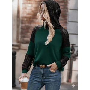 MDB Kadın Uzun Kollu Dantelli Kapşonlu Viskon Iki Iplik Bluz