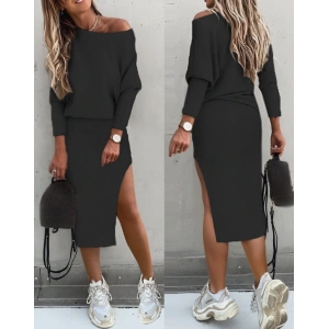 MDB Kadın Uzun Kollu Düşük Omuz Yırtmaç Detay Kaşkorse Etek Bluz Ikili Takım