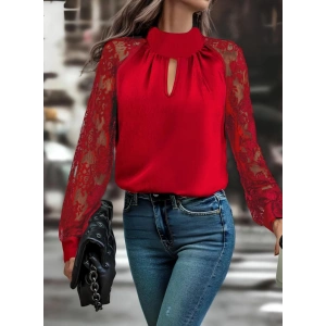 MDB Kadın Uzun Kollu Göğüs Pencere Detay Yaka Boğazlı Kolları Tüllü Sandy Bluz