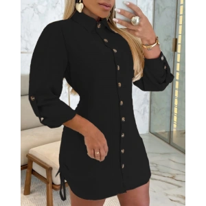 MDB Kadın Uzun Kollu Gömlek Yaka önden Düğmeli Yanlardan Büzgülü Kısa Aerobin Elbise