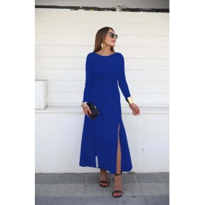 MDB Kadın Uzun Kollu Hafif Kayık Yaka Sırt Dekolteli Yırtmaç Detaylı Viskon Tam Boy Elbise