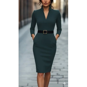 MDB Kadın Uzun Kollu Hakim Yaka Beli Kemerli Cepli Midi Ithal Krep Elbise