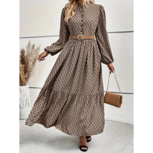 MDB Kadın Uzun Kollu Hakim Yakalı Düğmeli Kemersiz Desenli Maxi Süprem Elbise