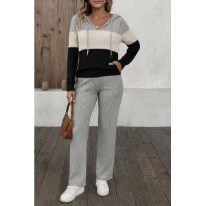 MDB Kadın Uzun Kollu Kapşonlu Bağcıklı Blok Renkli şardonlu Kaşkorse Bluz Ve Pantolon Ikili Takım