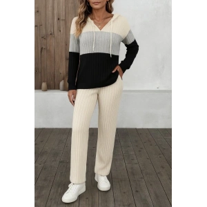 MDB Kadın Uzun Kollu Kapşonlu Bağcıklı Blok Renkli şardonlu Kaşkorse Bluz Ve Pantolon Ikili Takım