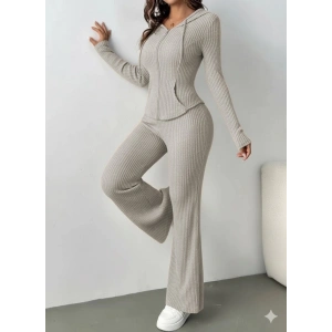 MDB Kadın Uzun Kollu Kapşonlu önden Fermuarlı Kaşkorse Bluz Ve Pantolon Ikili Takım