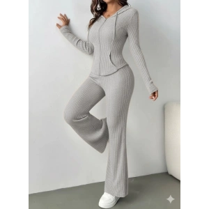 MDB Kadın Uzun Kollu Kapşonlu önden Fermuarlı Kaşkorse Bluz Ve Pantolon Ikili Takım