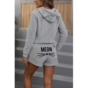 MDB Kadın Uzun Kollu Kapşonlu Peluş Bluz Ve Kısa Short Ikili Takım