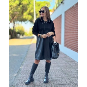 MDB Kadın Uzun Kollu Kapüşon Ve Deri Detay Diz üstü Elbise