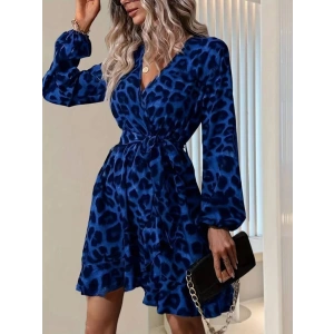 MDB Kadın Uzun Kollu Kruvaze Yaka Belden Kuşaklı çapraz Kesim Detaylı Leopar Modal Mini Elbise